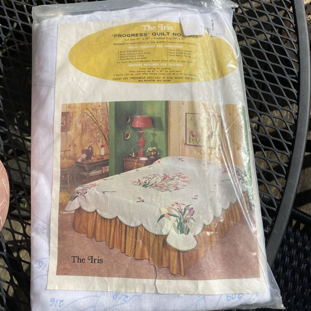 Vintage Tobin The Iris Applique Quilt Kit #1403 79”x 97” NOS Unopened